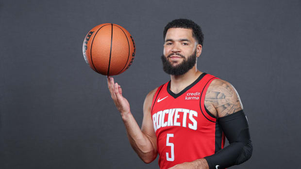 Rockets guard Fred VanVleet (5) poses for a picture at Rockets media day at Toyota Center.